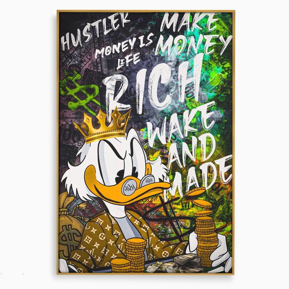 Tablou canvas cu tablou canvas cu scrooge mcduck si bani, in rama de aluminiu auriu